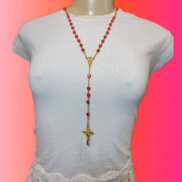 Vintage Gold & Red Heart Dianty My First Rosary Crucifix Religious Rosary Beads - Picture 1 of 10